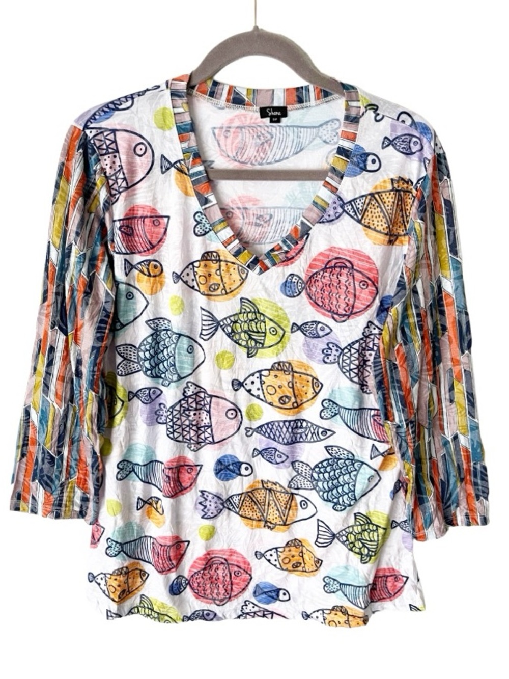 Shana Top Women's Small V Neck FIsh Print Burnout 3/4 Length Sleeves Resortwear